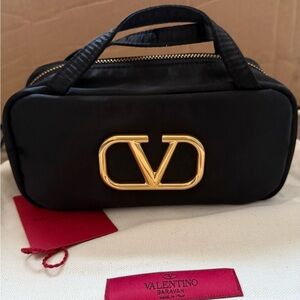 Valentino Garavani Black Cosmetic Bag with Gold Logo